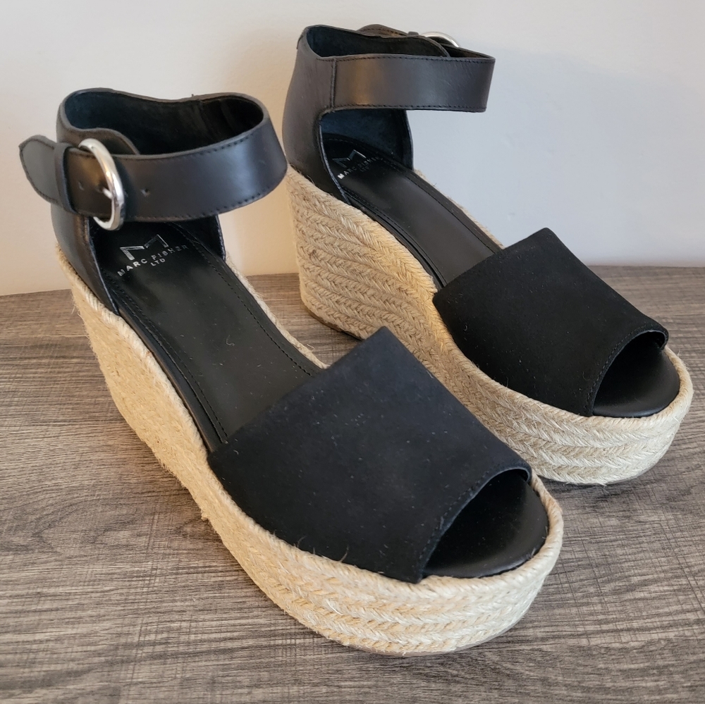 Marc Fisher LTD NIB Alita Platform Wedge Black Espadrille Sandal Size 10